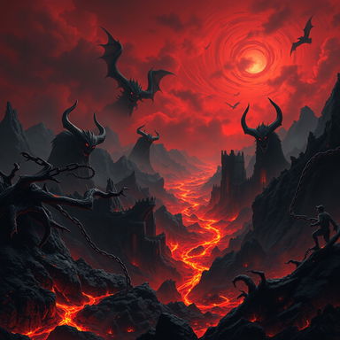 A terrifying demonic hellscape filled with dark, twisted landscapes