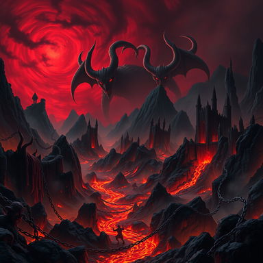 A terrifying demonic hellscape filled with dark, twisted landscapes