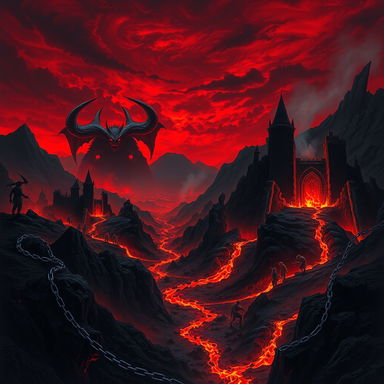 A terrifying demonic hellscape filled with dark, twisted landscapes