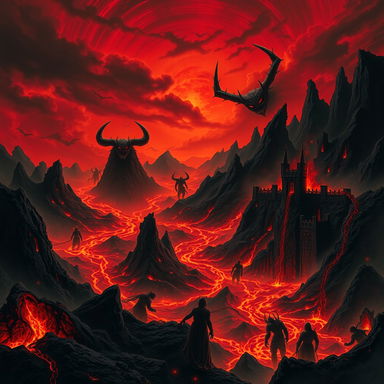 A terrifying demonic hellscape filled with dark, twisted landscapes