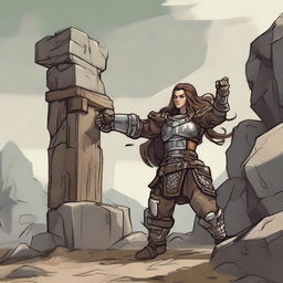 a female dwarven earthbender in heavy armor raises a wall made from rocks and wood from the ground using her powers