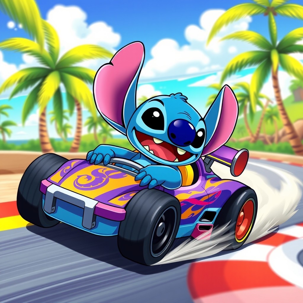 A colorful and dynamic illustration of Stitch, the beloved Disney character, drifting in a vibrant world