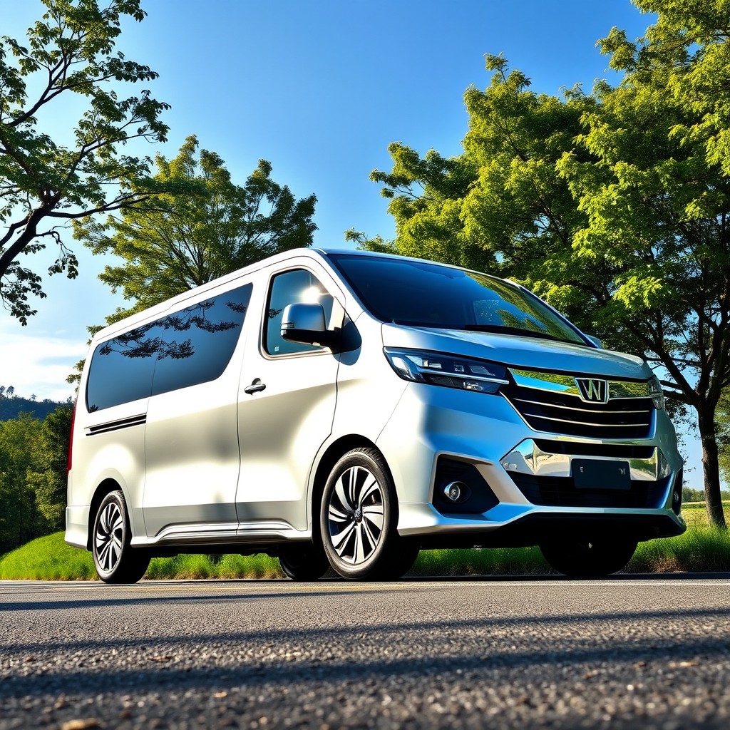 A sleek and modern Mobil Grandmax van parked on a scenic road
