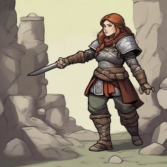 a female dwarven earthbender in heavy armor raises a wall made from rocks and wood from the ground using her powers