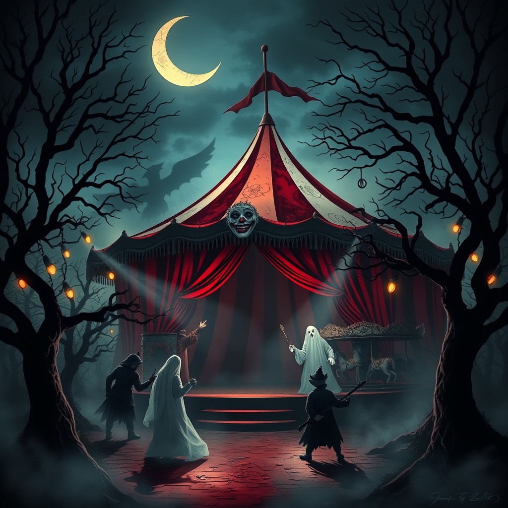 A hauntingly eerie circus scene perfect for the novel titled "Los Hijos del Parque Fantasma"