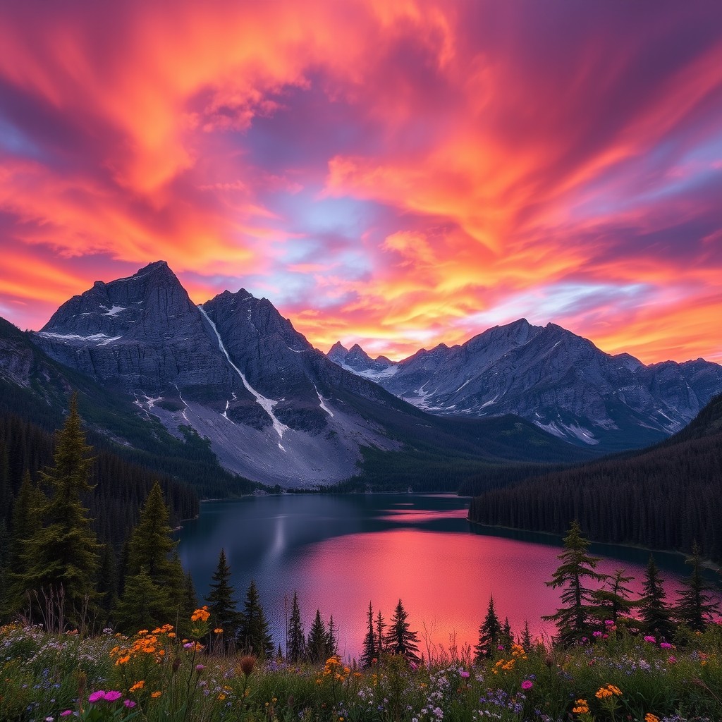 A dramatic landscape featuring a rugged mountain range with sharp peaks under a vibrant sunset