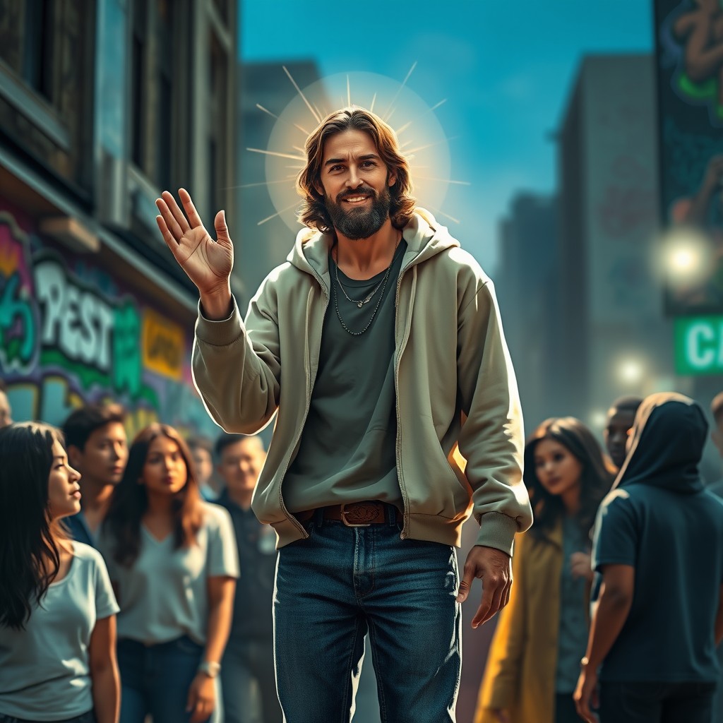 A modern representation of Jesus, dressed in contemporary clothing, perhaps a stylish hoodie and jeans, standing in an urban environment with multi-ethnic people around him