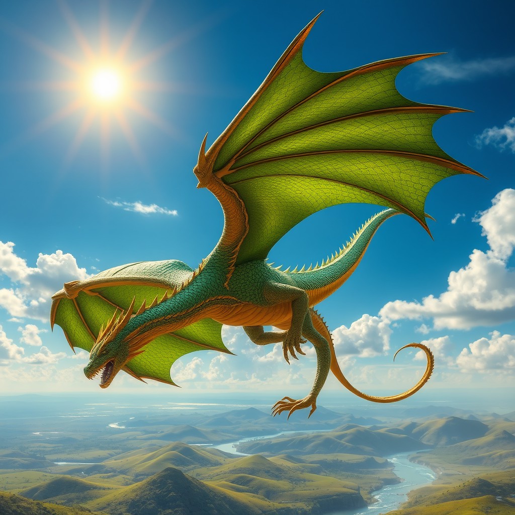 A majestic dragon soaring through a vibrant, blue sky, its scales shimmering in shades of emerald green and deep gold