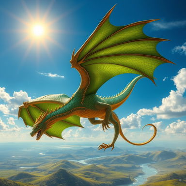 A majestic dragon soaring through a vibrant, blue sky, its scales shimmering in shades of emerald green and deep gold