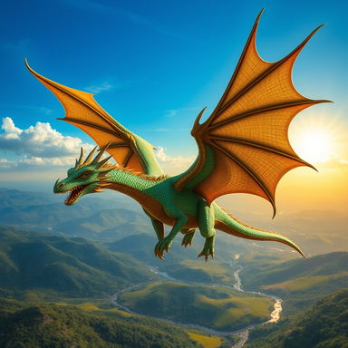 A majestic dragon soaring through a vibrant, blue sky, its scales shimmering in shades of emerald green and deep gold