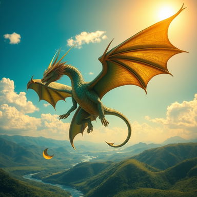 A majestic dragon soaring through a vibrant, blue sky, its scales shimmering in shades of emerald green and deep gold