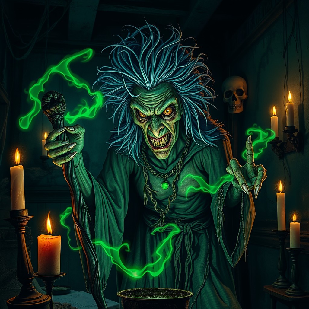 A grotesque, ugly witch with wild, unkempt hair, sharp features, and a sinister expression, surrounded by dark shadows in a dimly lit room filled with cobwebs and eerie artifacts