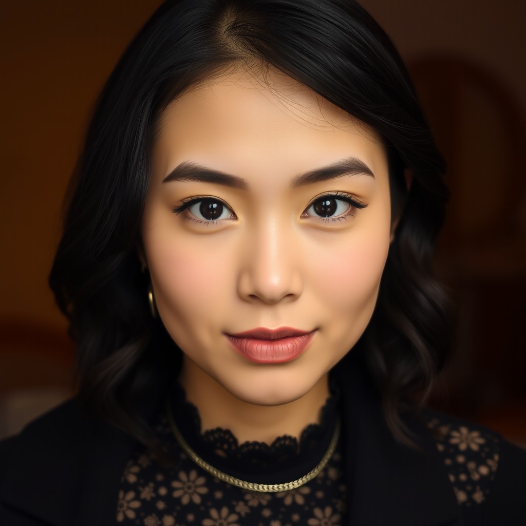 A medium close-up portrait of a young woman with an oval-shaped face and a light complexion