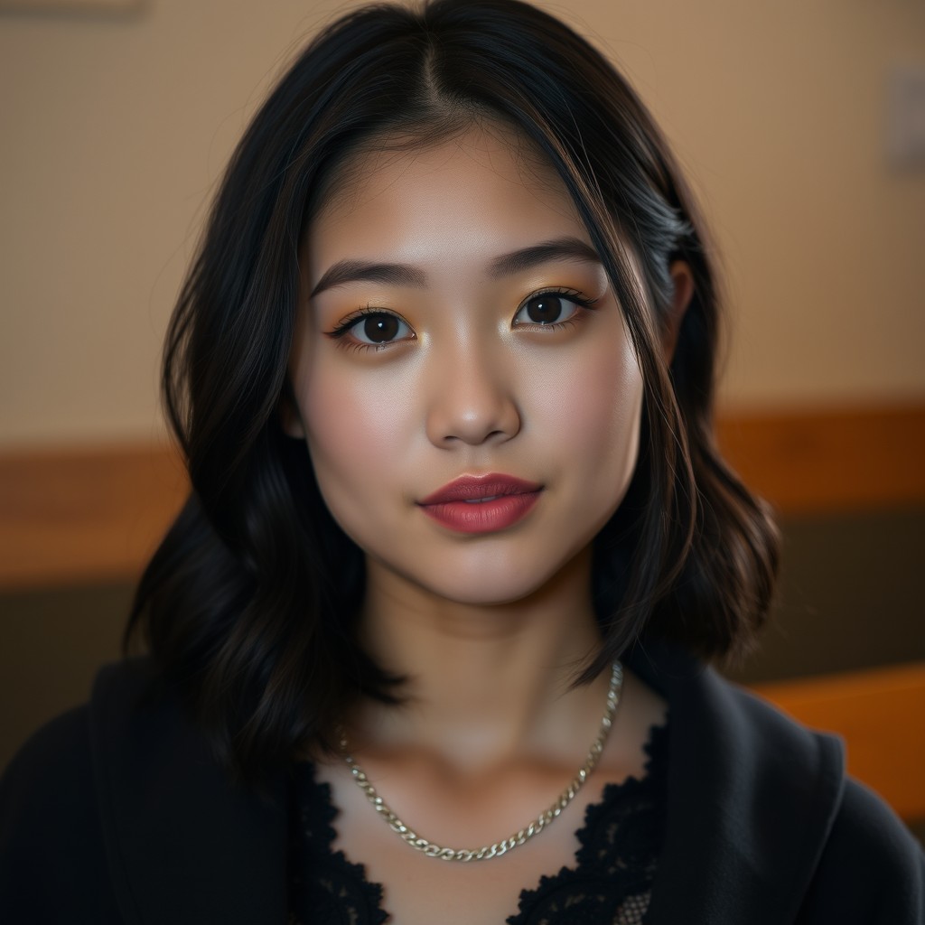A medium close-up portrait of a young woman with an oval-shaped face and a light complexion