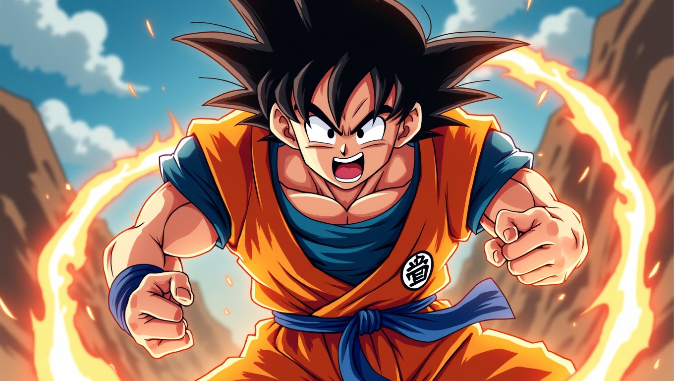 A dynamic illustration of Goku in his iconic fighting stance, showcasing his muscular build and spiky black hair, wearing his signature orange gi with the blue undershirt