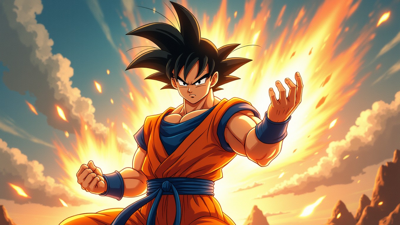 A dynamic action scene featuring a powerful warrior inspired by the iconic traits of Goku, with spiky black hair and a confident expression