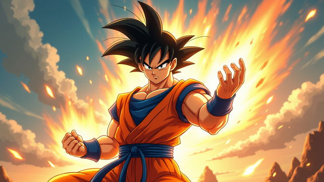 A dynamic action scene featuring a powerful warrior inspired by the iconic traits of Goku, with spiky black hair and a confident expression