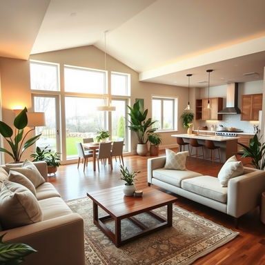 A cozy and inviting interior of a modern home, featuring an open concept living room with a comfortable sofa, a wooden coffee table, and large windows allowing natural light to flood the space
