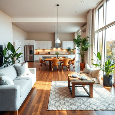 A cozy and inviting interior of a modern home, featuring an open concept living room with a comfortable sofa, a wooden coffee table, and large windows allowing natural light to flood the space