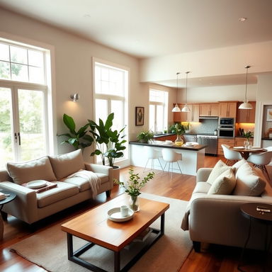 A cozy and inviting interior of a modern home, featuring an open concept living room with a comfortable sofa, a wooden coffee table, and large windows allowing natural light to flood the space