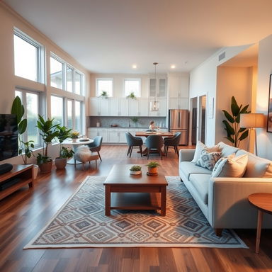 A cozy and inviting interior of a modern home, featuring an open concept living room with a comfortable sofa, a wooden coffee table, and large windows allowing natural light to flood the space