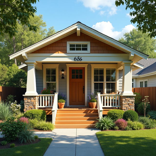 A cozy, inviting home with a warm front porch, beautifully landscaped garden, and a clear blue sky in the background