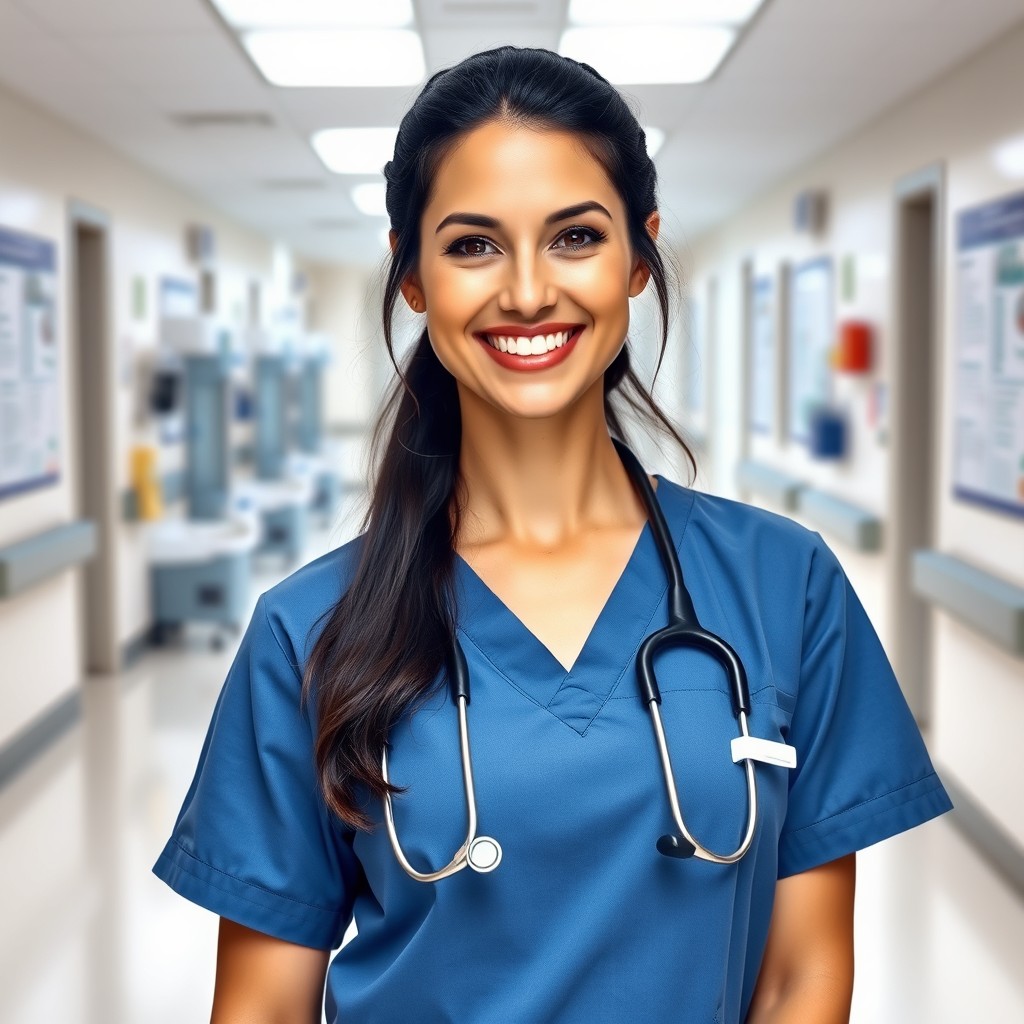 A beautiful woman with a confident demeanor working in a hospital, dressed in scrubs, standing in a hospital corridor