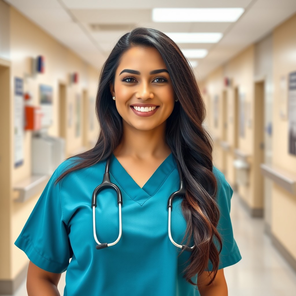 A beautiful woman with a curvy figure working in a hospital, dressed in scrubs, standing in a hospital corridor