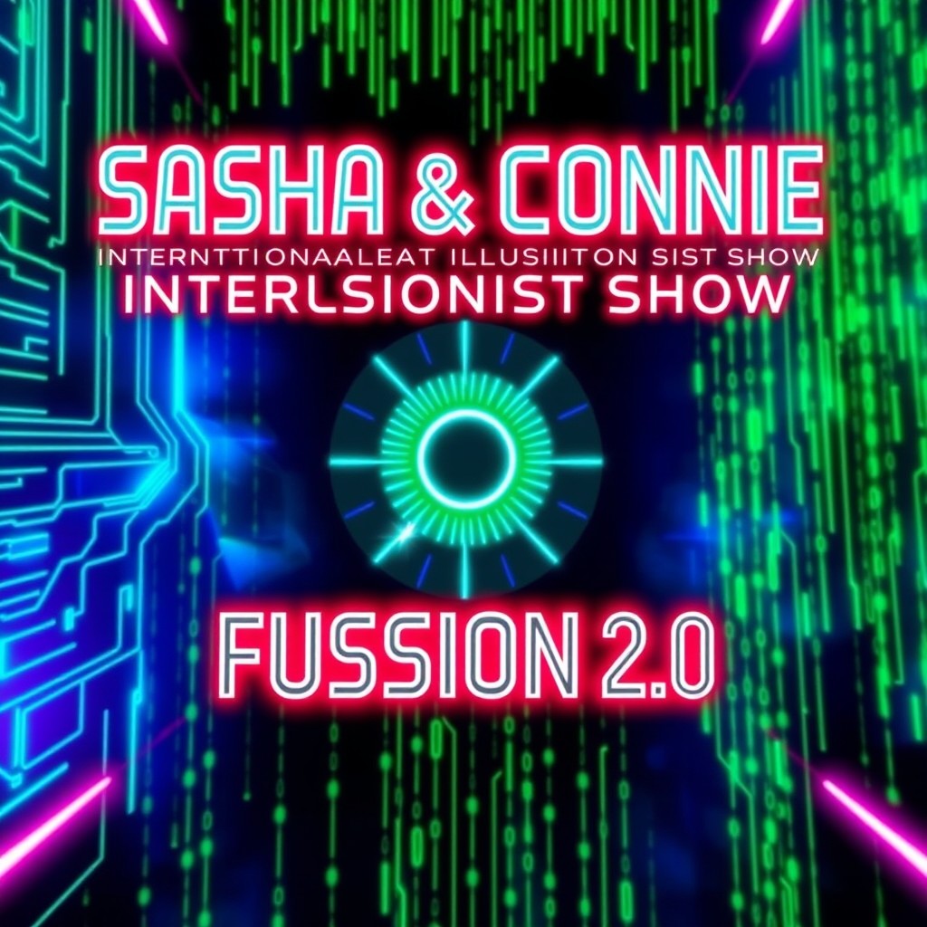 An eye-catching advertising poster featuring the text 'SASHA & CONNIE' prominently displayed at the top in a futuristic Tron font