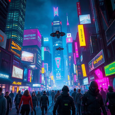 A vibrant cyberpunk cityscape at night, filled with neon lights in a variety of colors illuminating the skyline