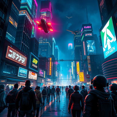 A vibrant cyberpunk cityscape at night, filled with neon lights in a variety of colors illuminating the skyline