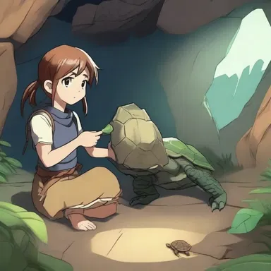 The protagonist found an ancient artifact, a plastron from an extinct turtle species, in a hidden cave.