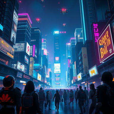 A vibrant cyberpunk cityscape at night, filled with neon lights in a variety of colors illuminating the skyline