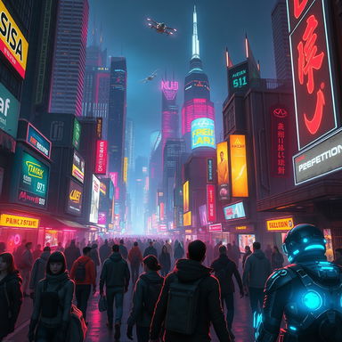 A vibrant cyberpunk cityscape at night, filled with neon lights in a variety of colors illuminating the skyline