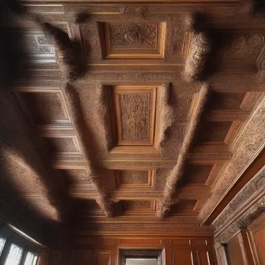The luxurious mansion featured a stunning ceiling with intricately carved plastron designs.