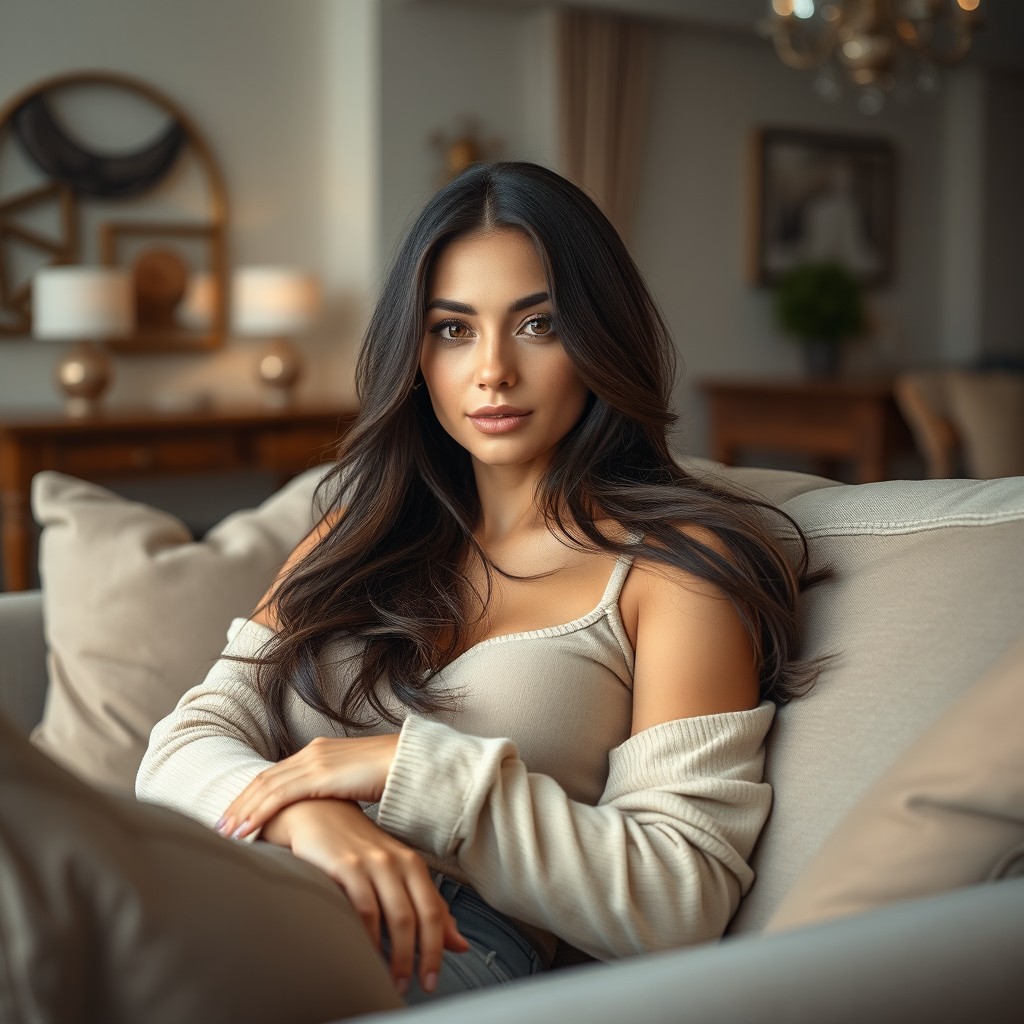 A stunning brunette woman with long, flowing hair and captivating brown eyes, relaxing on a comfortable sofa in a cozy home setting