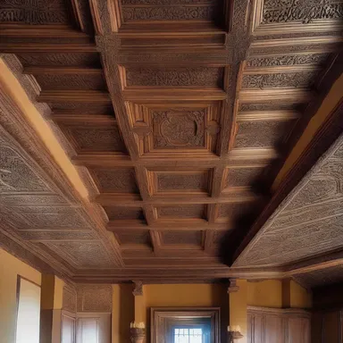 The luxurious mansion featured a stunning ceiling with intricately carved plastron designs.