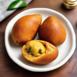 A delicious Brazilian coxinha placed on a single one real coin.