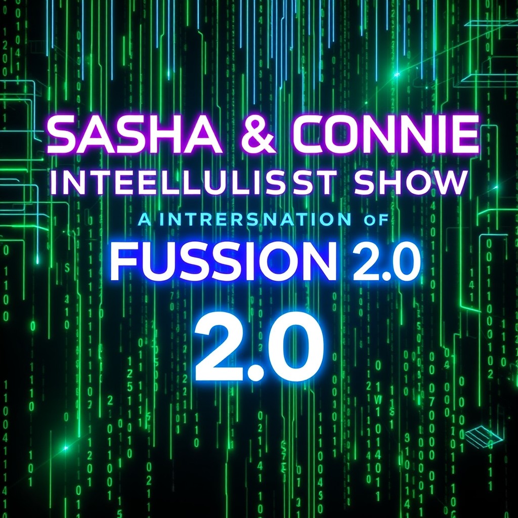 An eye-catching advertising poster featuring the text 'SASHA & CONNIE' prominently displayed at the top in a striking futuristic Tron font