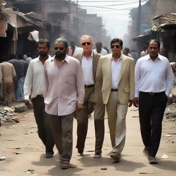 Several billionaires, donned in casual clothing, wandering through a bustling slum. Visible contrasts between their polished appearances and the gritty reality of the environment around them.