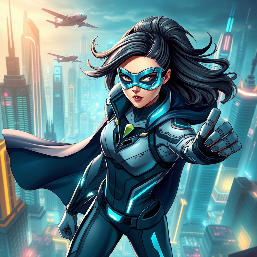 A dynamic superhero rendition of a girl from a photo, featuring her in an imposing superhero pose