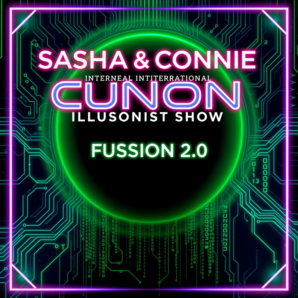 A striking poster featuring 'SASHA & CONNIE' boldly displayed at the top in a sleek, glowing Tron font that captures attention instantly