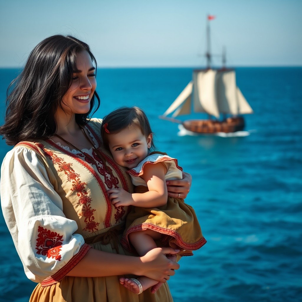 A dark-haired woman holding her daughter in her arms, both dressed in traditional Portuguese clothing