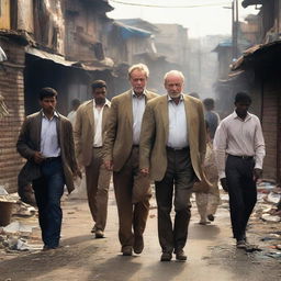 Several billionaires, donned in casual clothing, wandering through a bustling slum. Visible contrasts between their polished appearances and the gritty reality of the environment around them.