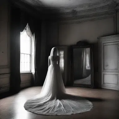 As she walked through the spooky mansion, she noticed a ghostly figure staring at her from the plastron of her dress.