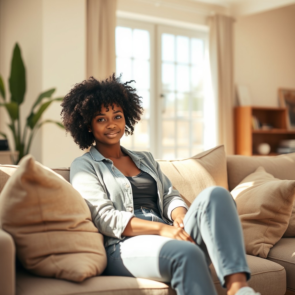 A beautiful Black woman with curly hair and brown eyes, sitting comfortably on a cozy sofa in a modern living room