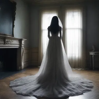 As she walked through the spooky mansion, she noticed a ghostly figure staring at her from the plastron of her dress.