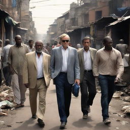 Several billionaires, donned in casual clothing, wandering through a bustling slum. Visible contrasts between their polished appearances and the gritty reality of the environment around them.