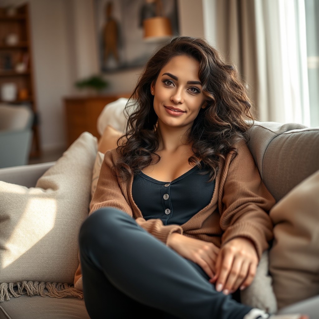 A stunning brunette woman with curly hair and brown eyes, relaxing on a stylish sofa in a warm and inviting living room