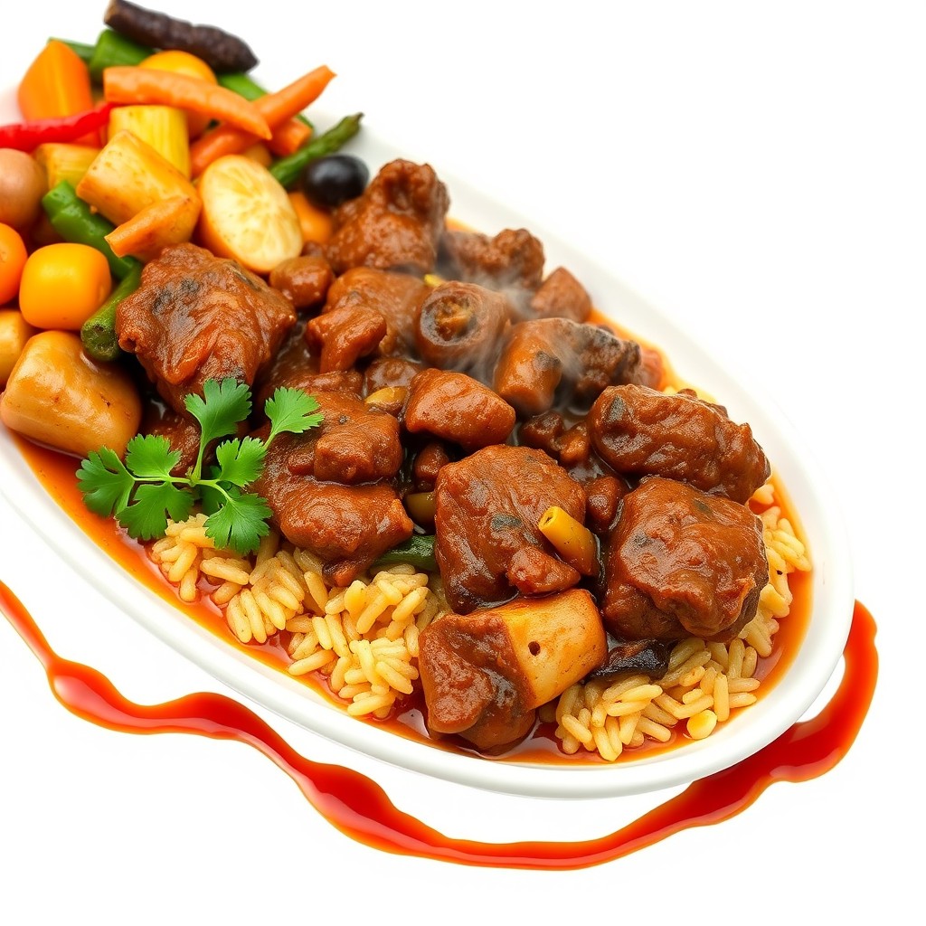 A freshly cooked delicious Haitian ragout, featuring tender meat and rich sauce, with steam rising to indicate freshness